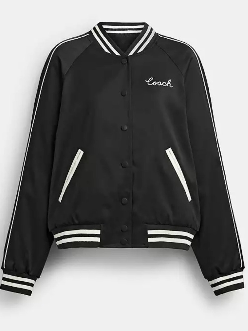 Coach Black Satin Varsity Jacket with White Trim
